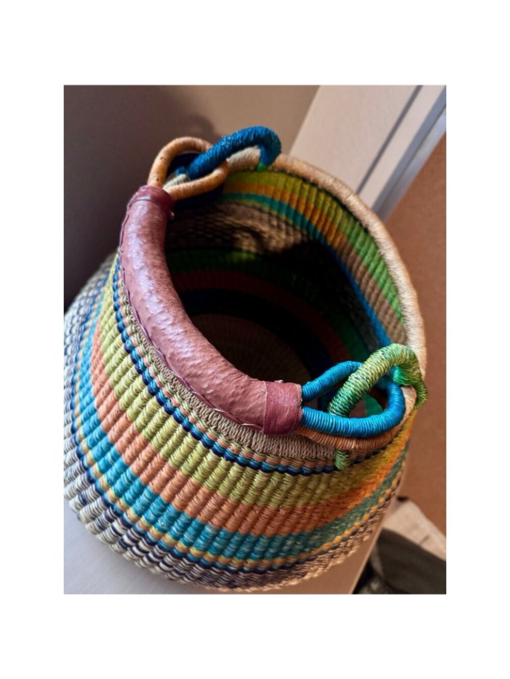 Colorful Woven Bolga Market Basket Leather Handle - Picture 6 of 10
